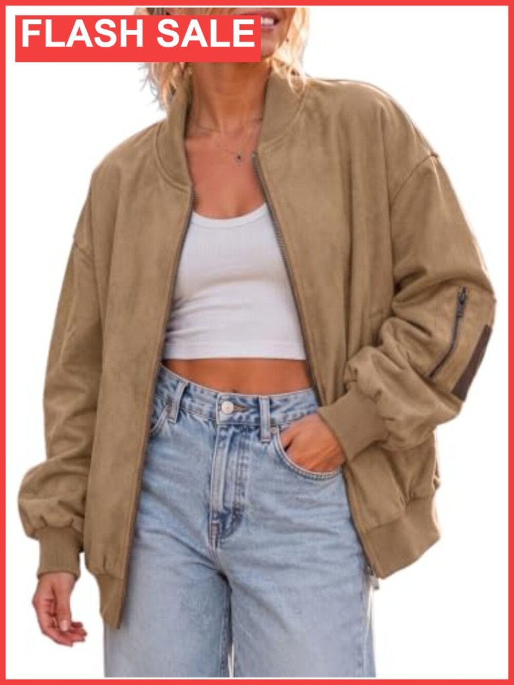 Faux Suede Bomber Zip Up Oversized Casual Fall Jacket Womens Lightweight